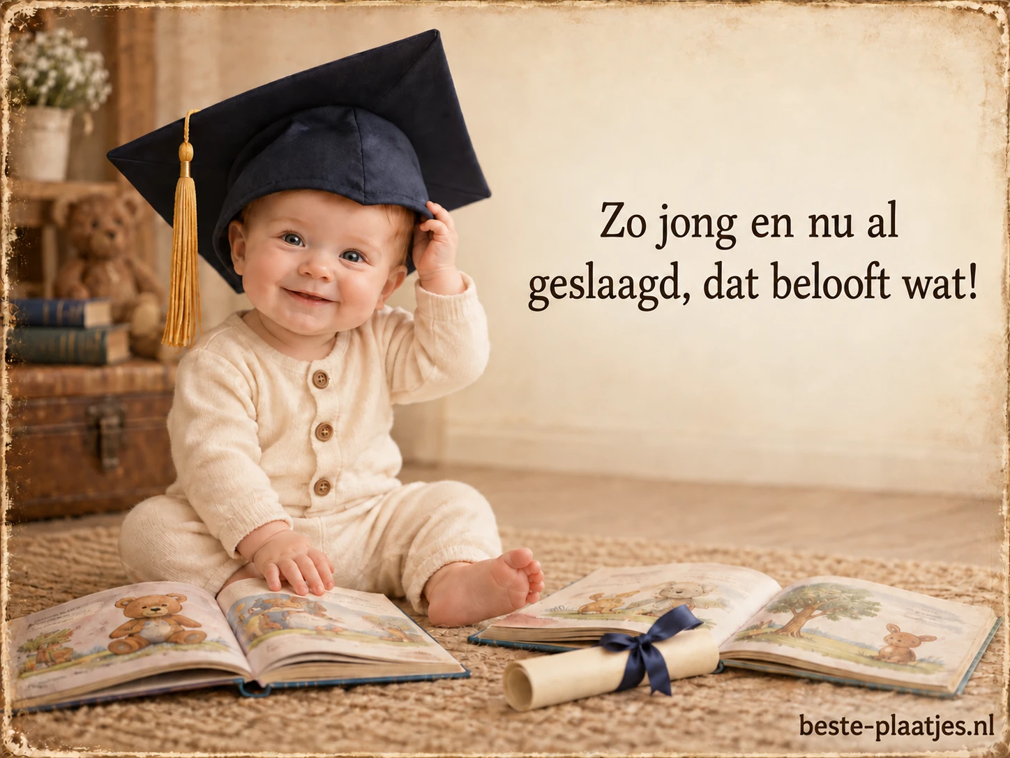 Een baby in een afstudeerhoed zit bij prentenboeken en een klein diploma.