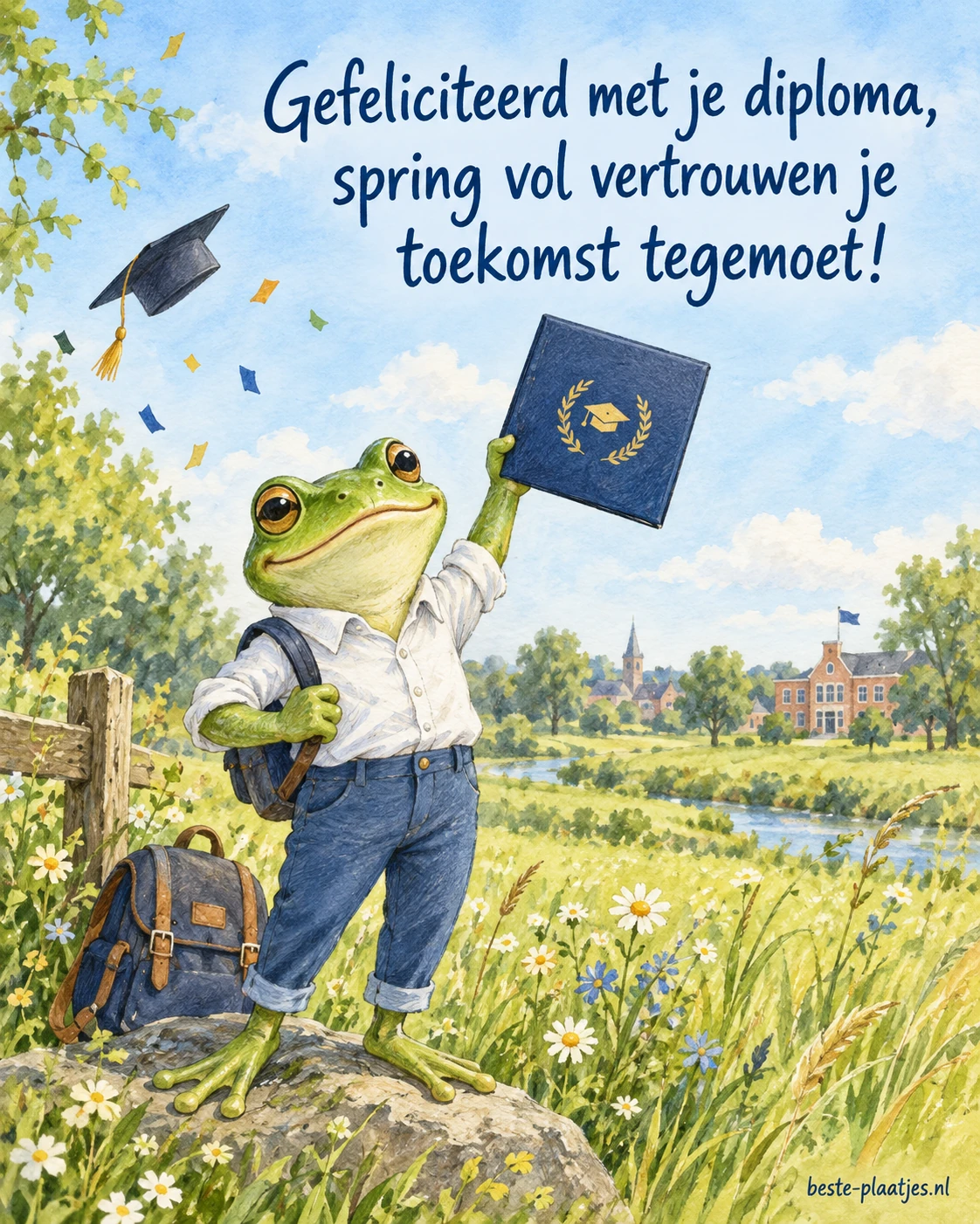 Een vrolijke kikker toont zijn diploma in een zonnig veld.