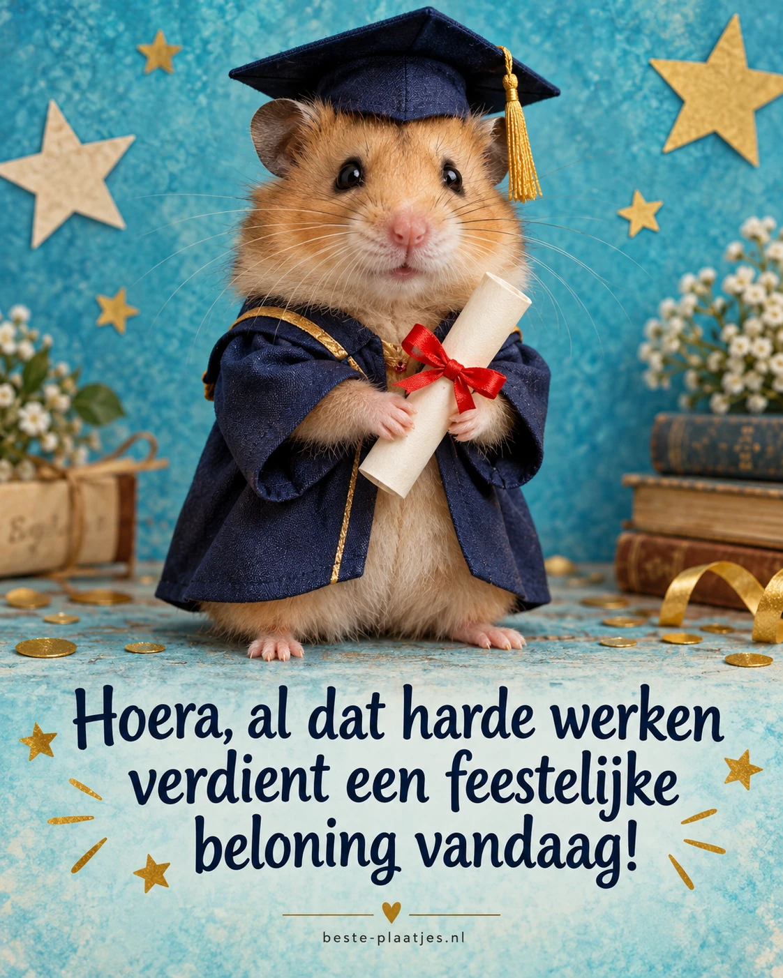 Een hamster in afstudeertoga houdt een diploma vast tegen een blauwe achtergrond.