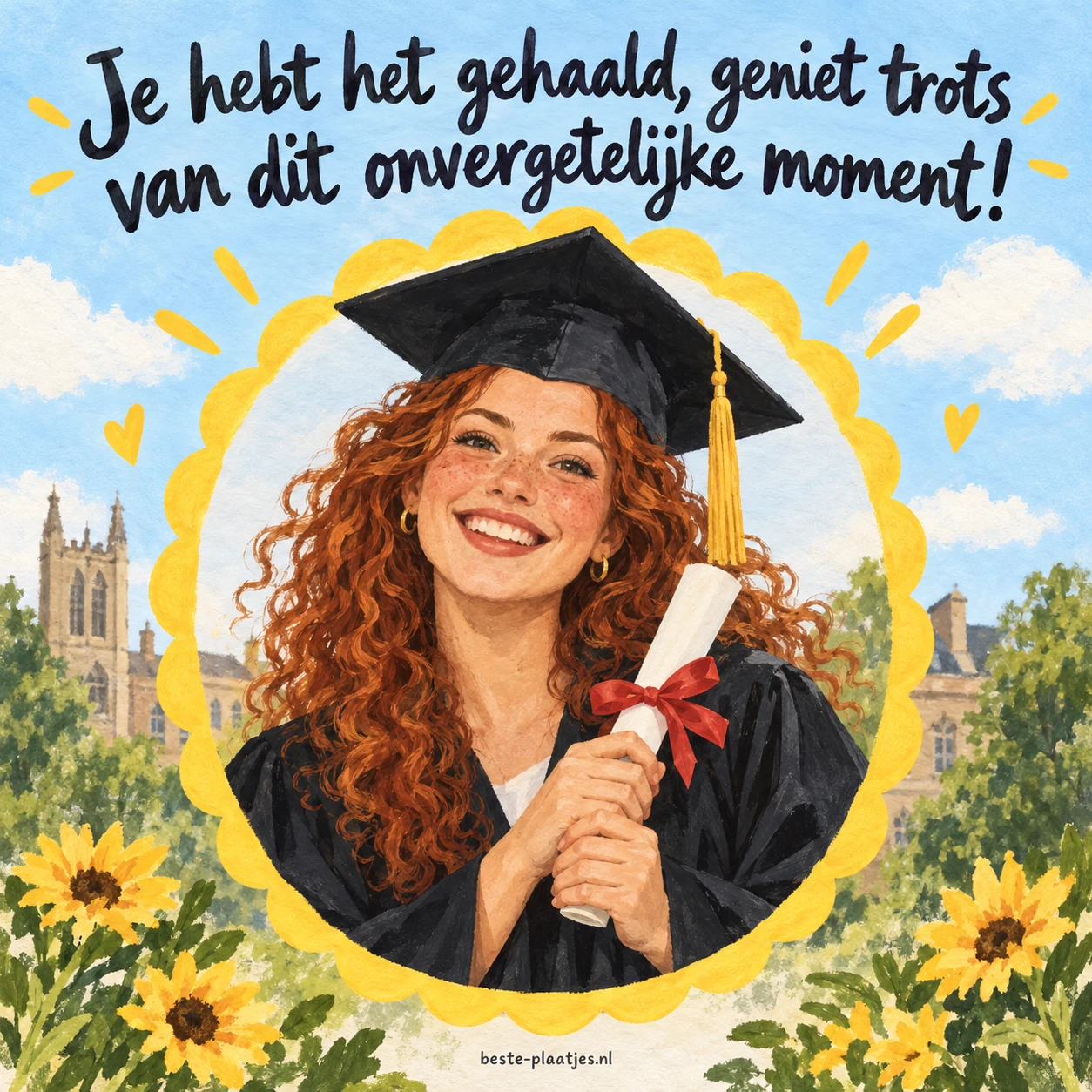 Een afgestudeerde vrouw met krullen glimlacht met haar diploma in de hand.