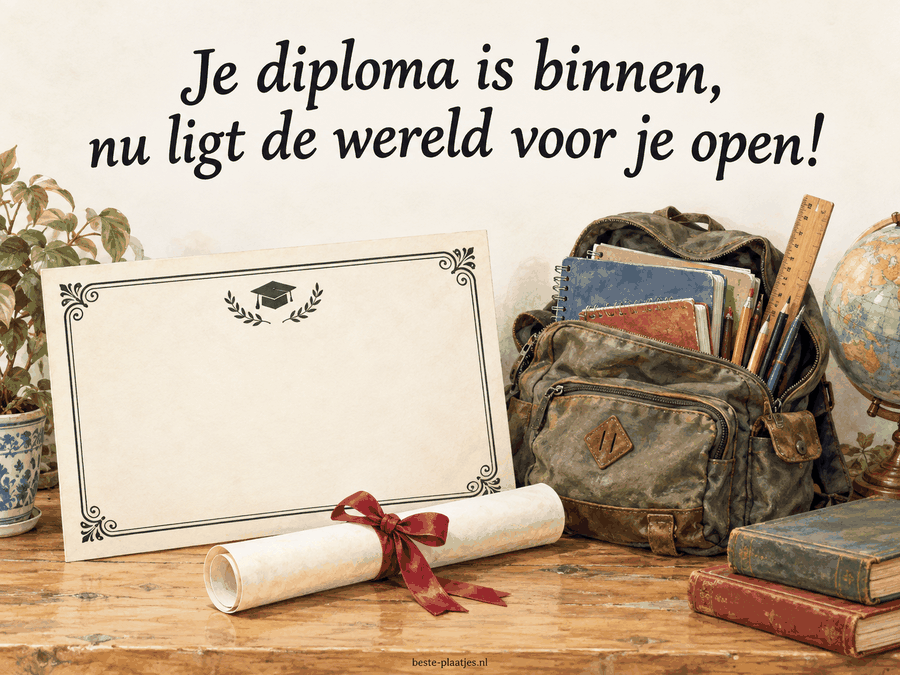 Een diploma en schooltas met boeken staan samen op een houten tafel.