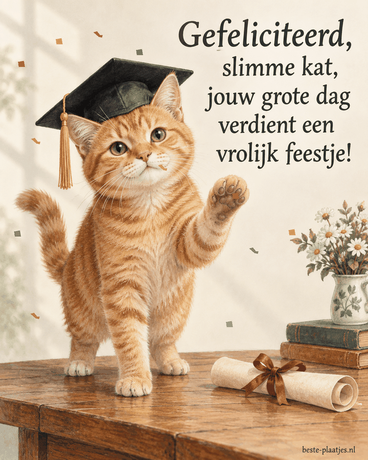 Een oranje kat met afstudeerhoed zwaait naast een diploma.