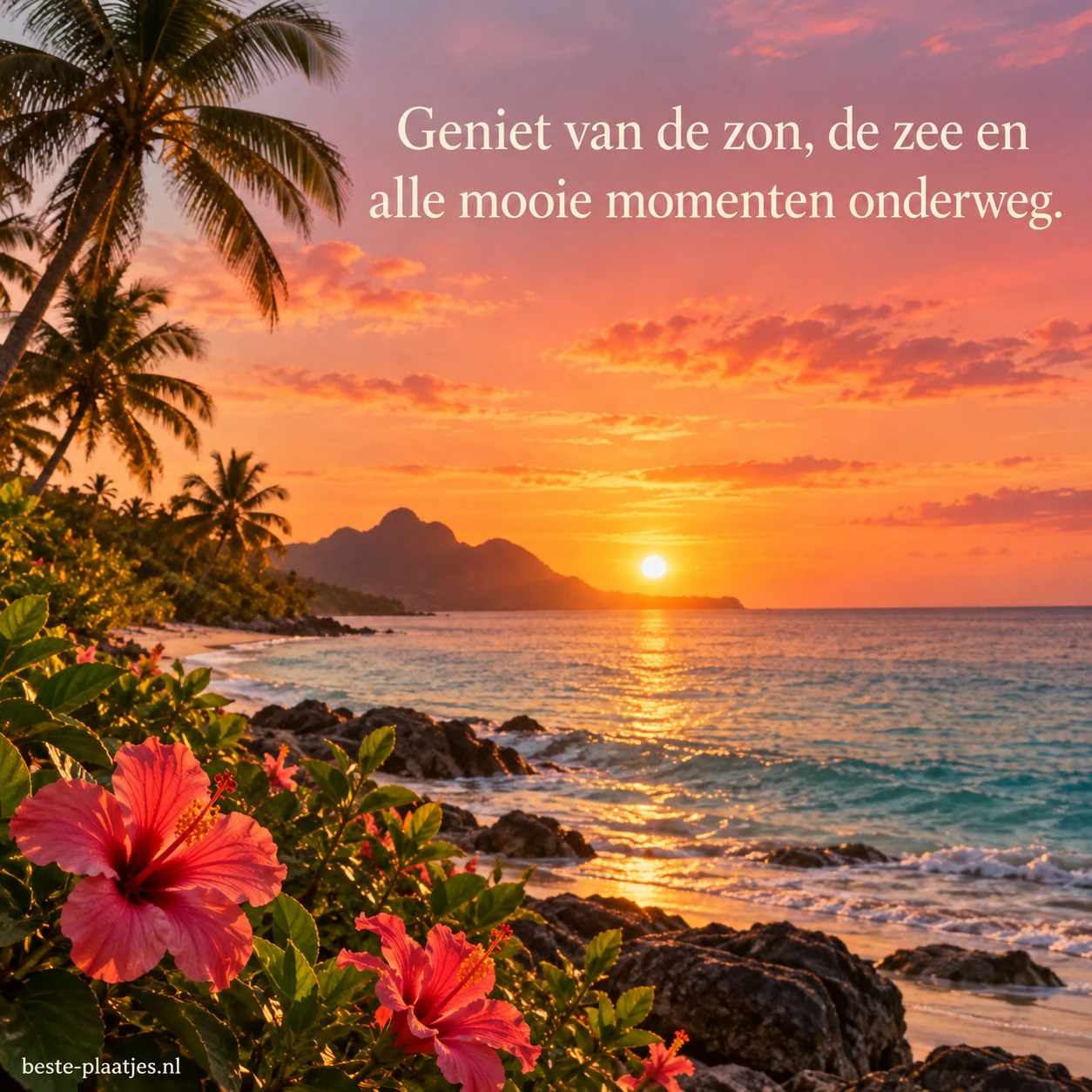 Palmbomen en hibiscusbloemen omlijsten een zonnige tropische kust.