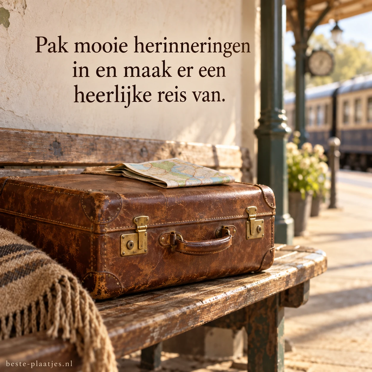 Een leren reiskoffer met kaart staat op een bankje bij het station.