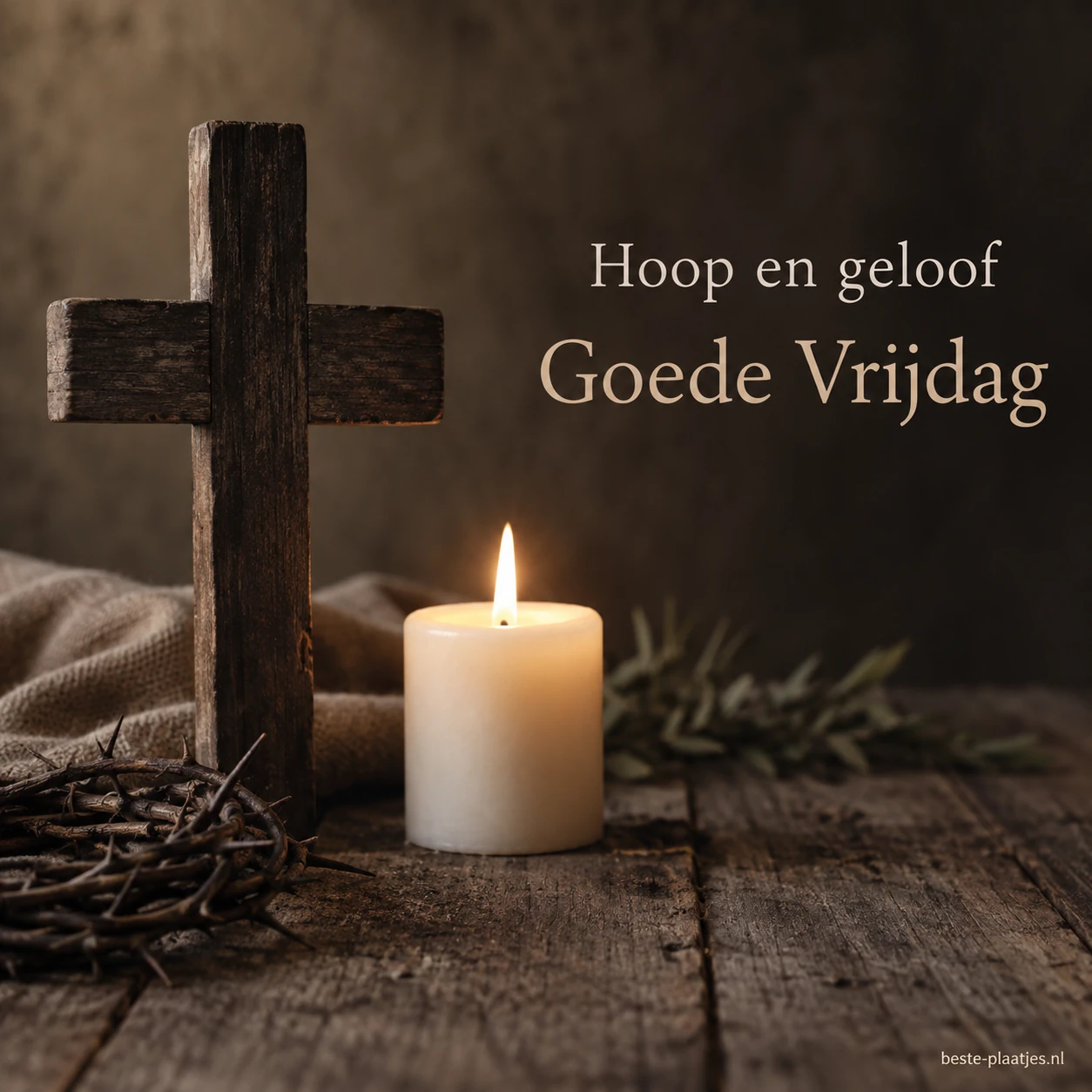 Een houten kruis en brandende kaars staan op een sobere houten tafel.