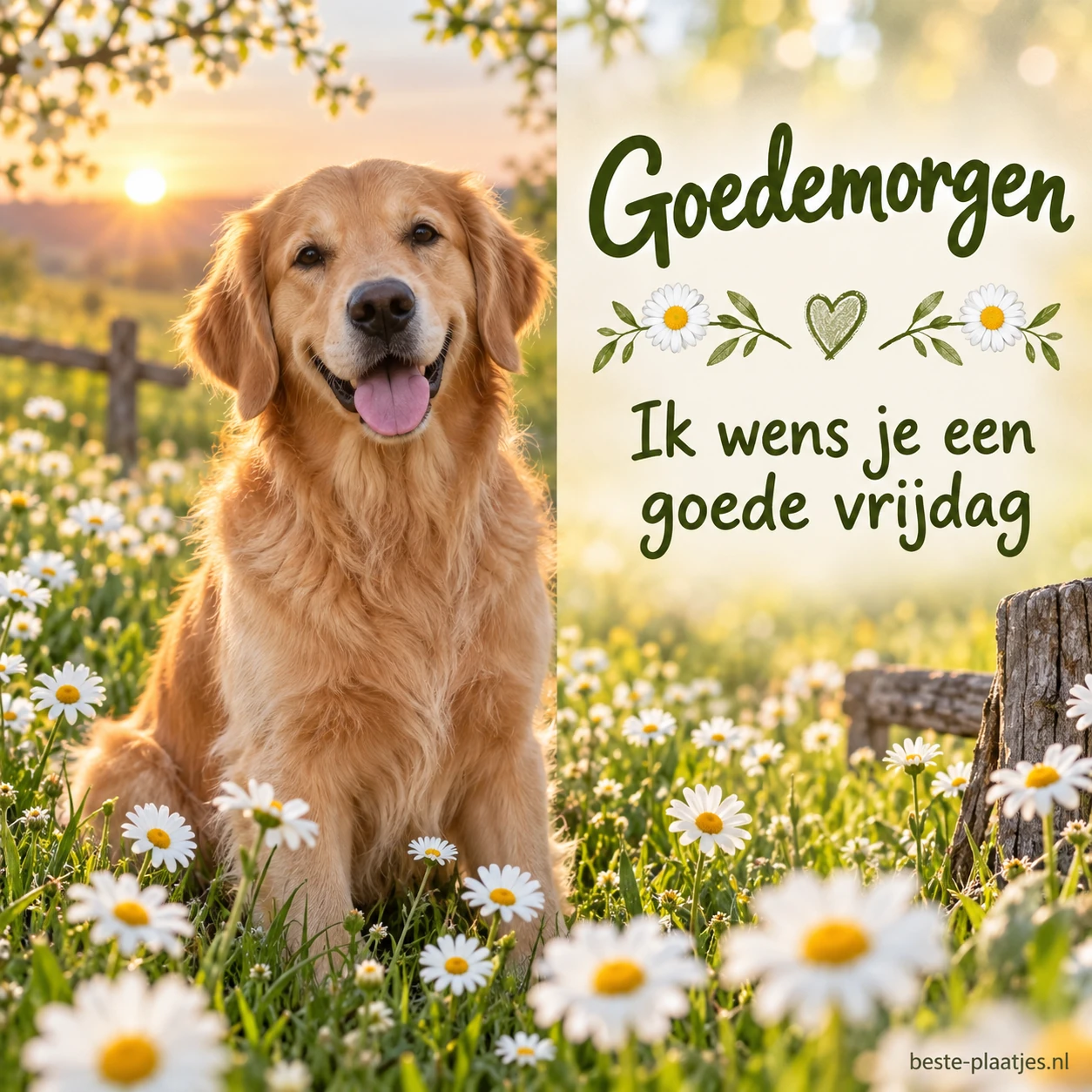Een goudkleurige hond zit tussen madeliefjes in het ochtendlicht.