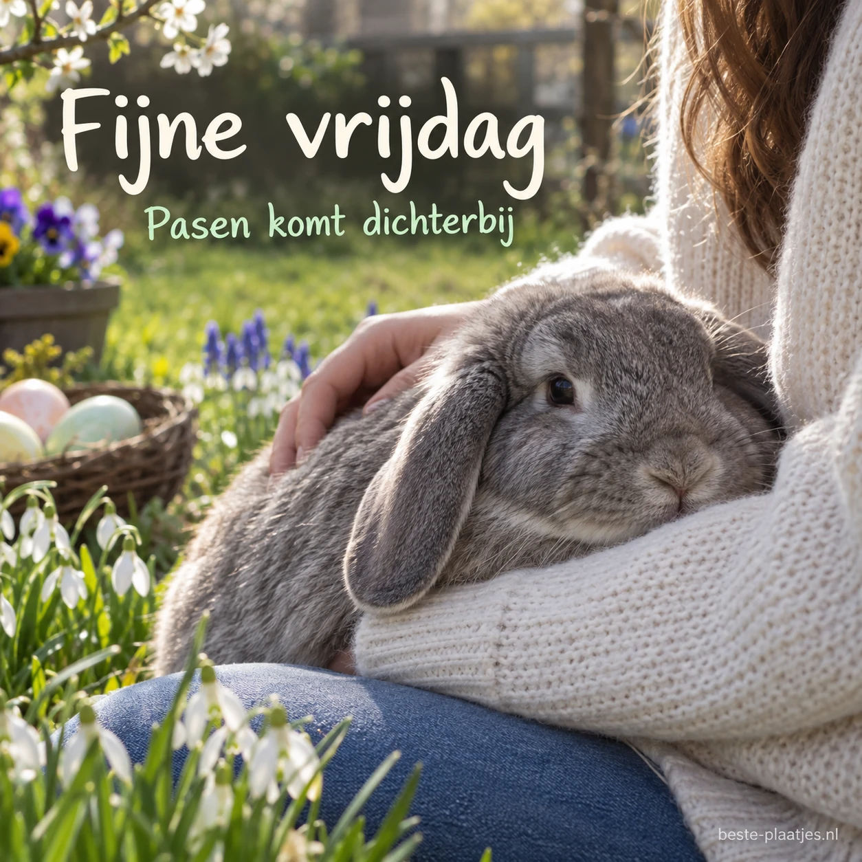 Een grijs hangoor konijn rust tegen iemand in een zachte trui.