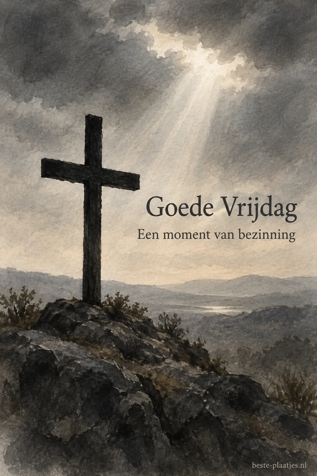 Een donker kruis staat in een grijs aquarellandschap met een lichtstraal.