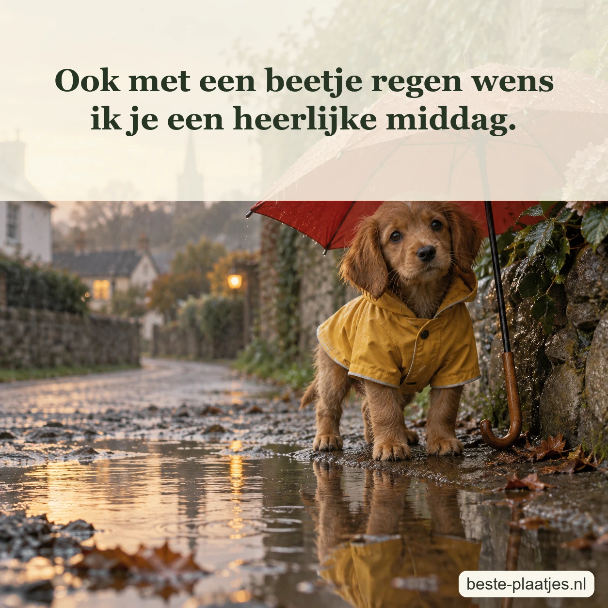 Een bruine pup in gele regenjas staat onder een rode paraplu bij een plas.