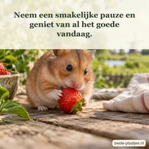 Een bruine hamster knabbelt aan een aardbei op een houten picknicktafel.