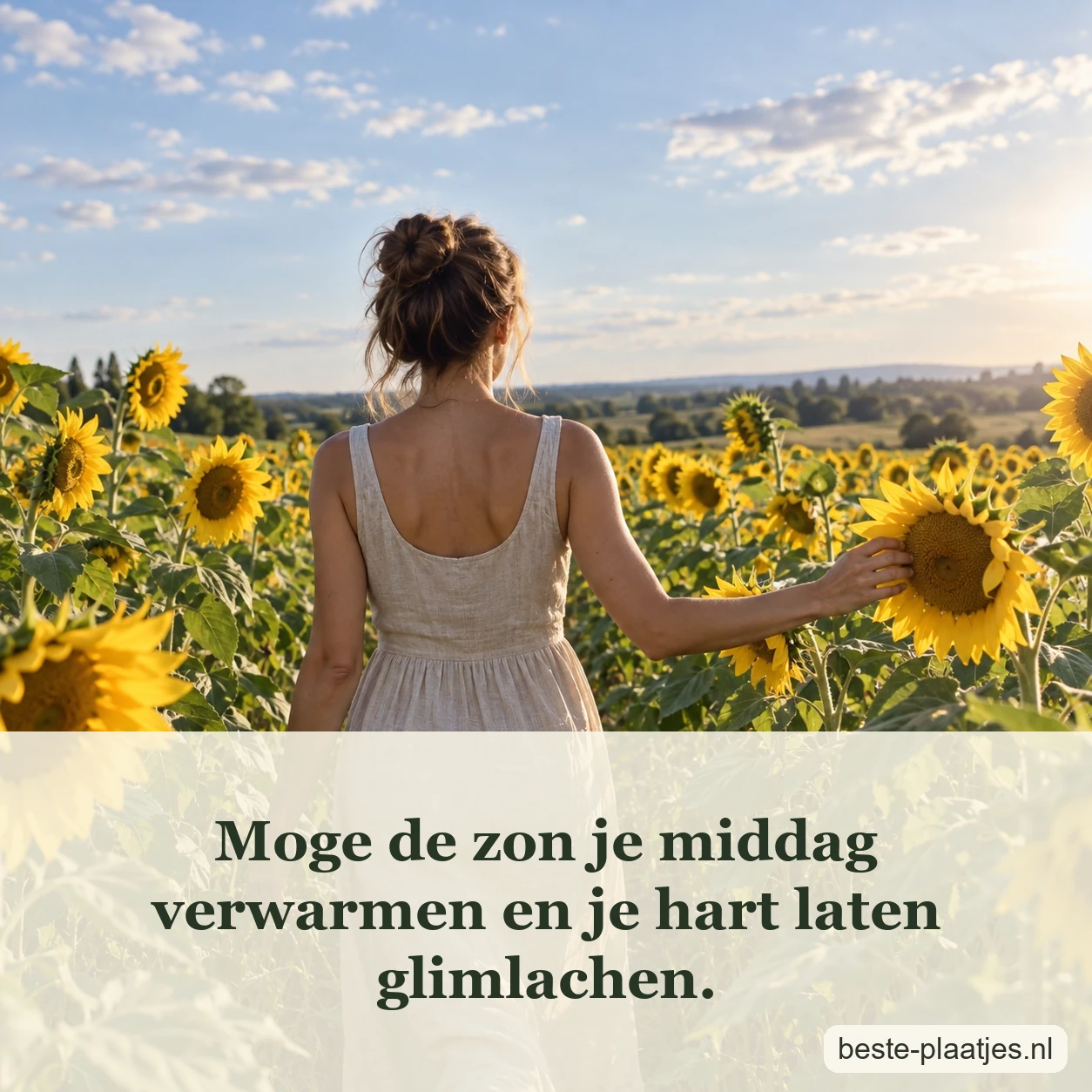 Een vrouw loopt in een linnen jurk langs hoge zonnebloemen.