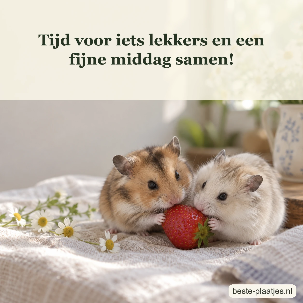 Twee hamsters zitten bij een aardbei op een licht linnen kleed.