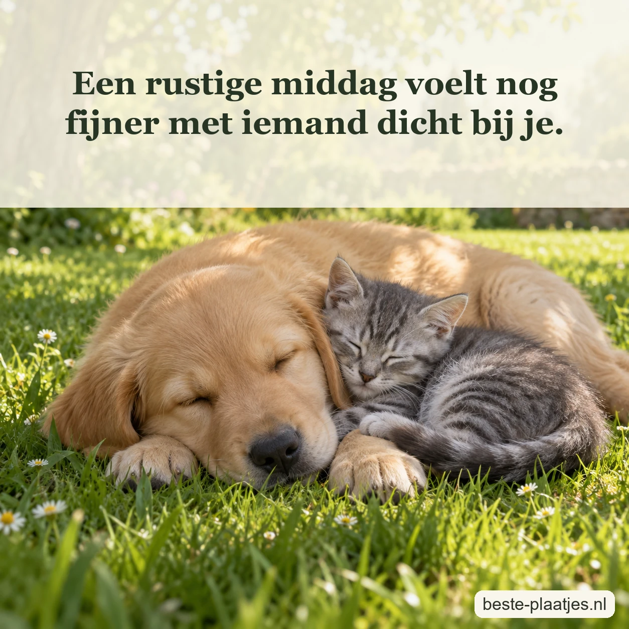 Een grijs katje ligt tegen een slapende goudkleurige labradorpup in het gras.