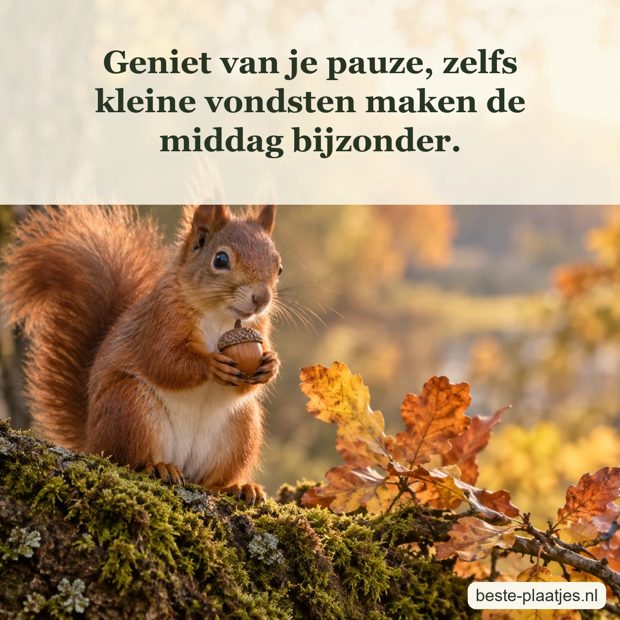 Een rode eekhoorn houdt een eikel vast op een bemoste tak.