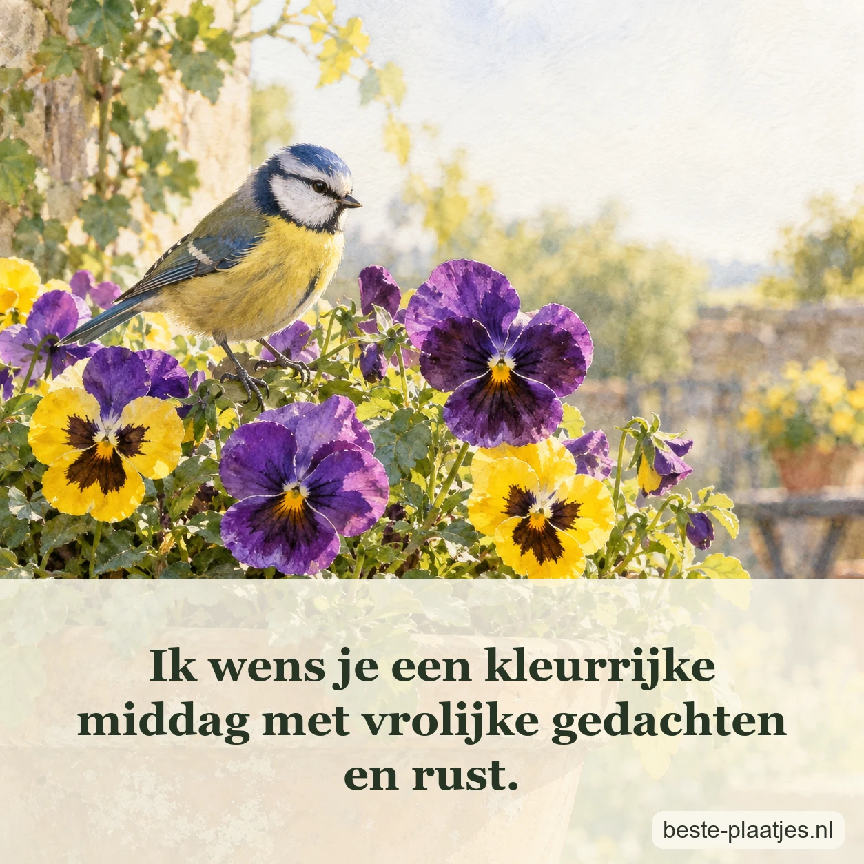 Een klein zangvogeltje zit bij paarse en gele viooltjes in een terracotta pot.
