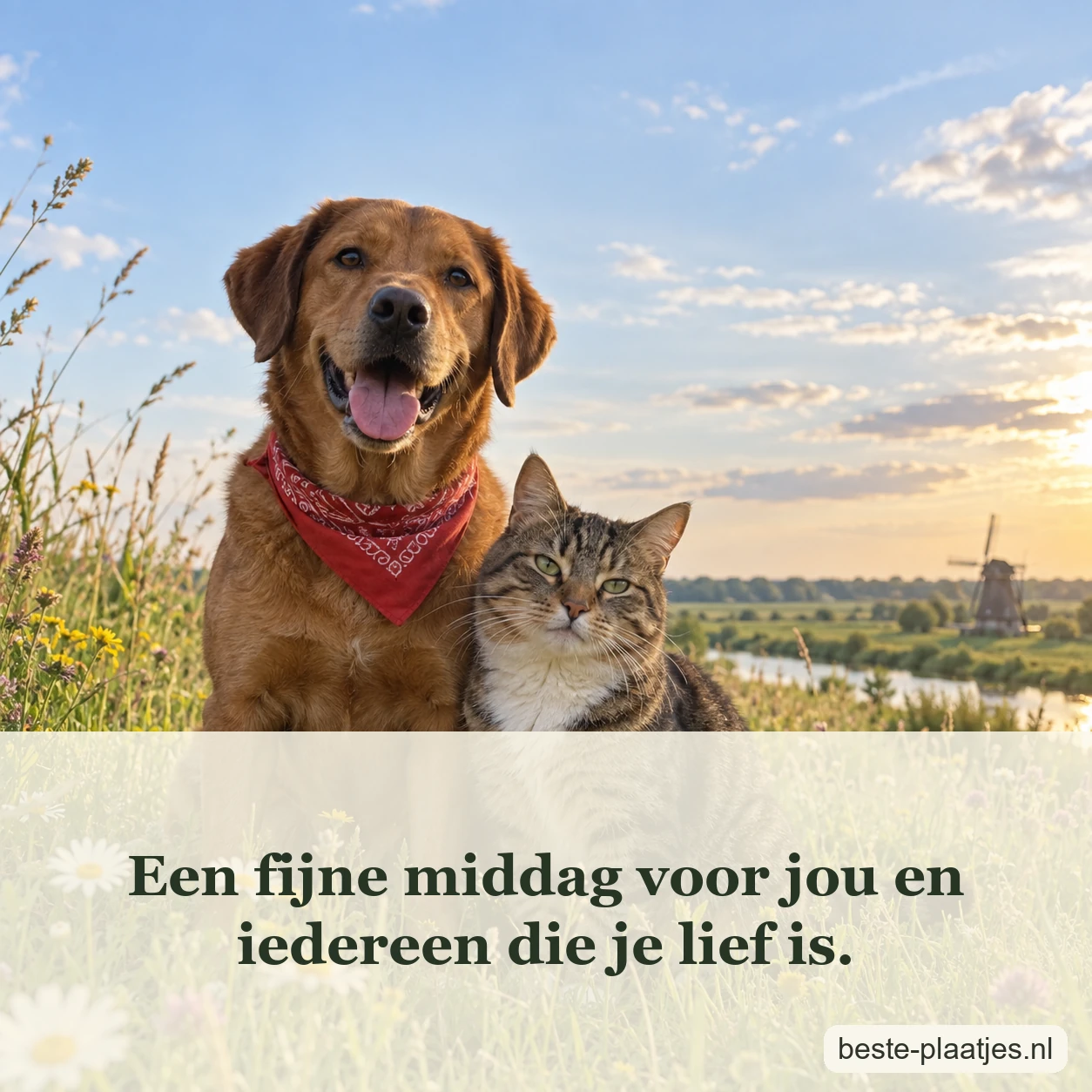Een hond met rode bandana zit naast een gestreepte kat in een zomerweide.