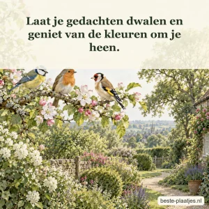 Drie zangvogels zitten op een bloeiende tak boven een kronkelend tuinpad.