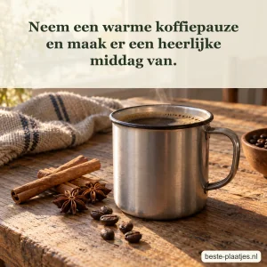 Een metalen koffiemok staat tussen kaneel, steranijs en koffiebonen.