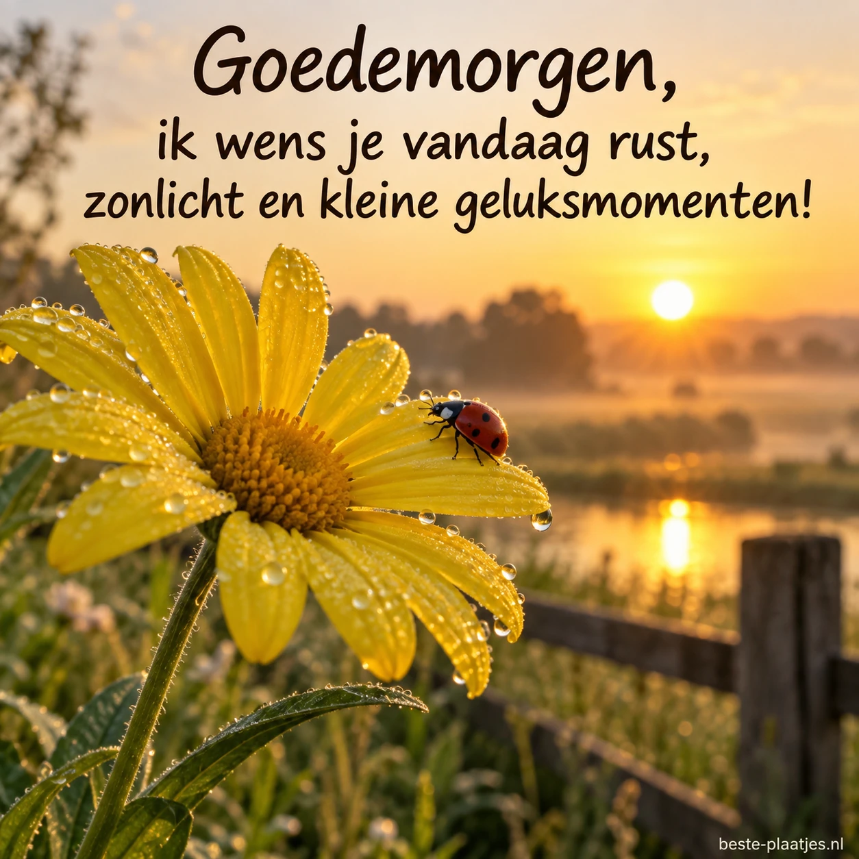 Een lieveheersbeestje rust op een gele bloem in het zachte ochtendlicht.