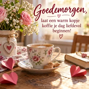 Een bloemrijk koffiekopje en papieren hartjes brengen warmte aan de ontbijttafel.