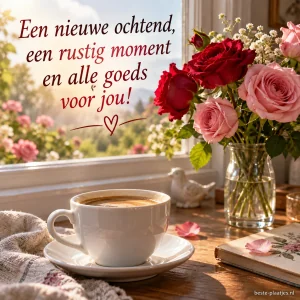 Koffie en rozen staan bij een raam in het zachte licht van de ochtend.