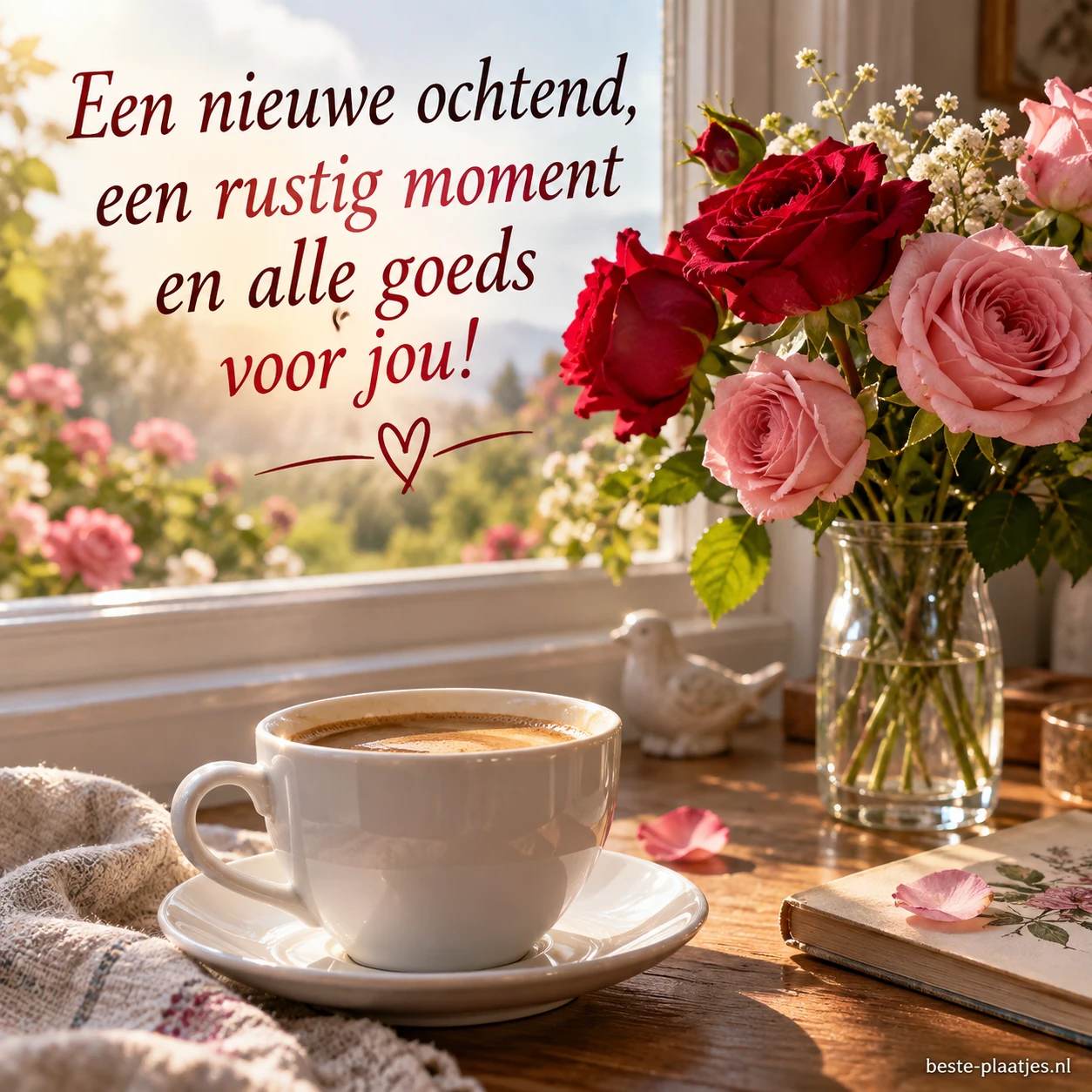 Koffie en rozen staan bij een raam in het zachte licht van de ochtend.
