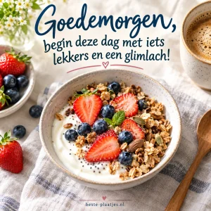 Een kleurrijke ontbijtkom met bessen en granola staat klaar op tafel.