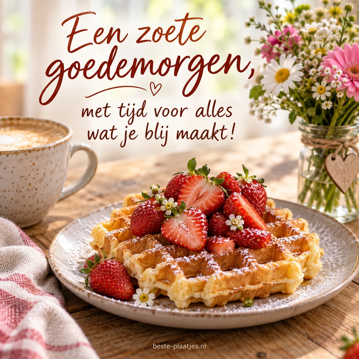 Een goudbruine wafel met aardbeien staat naast een vaasje bloemen.