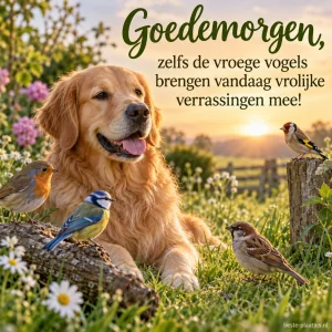 Een rustige hond kijkt naar kleurrijke vogeltjes in het groene gras.