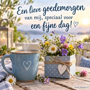 Een blauwe mok en een doosje met veldbloemen vormen een zachte ochtendgroet.