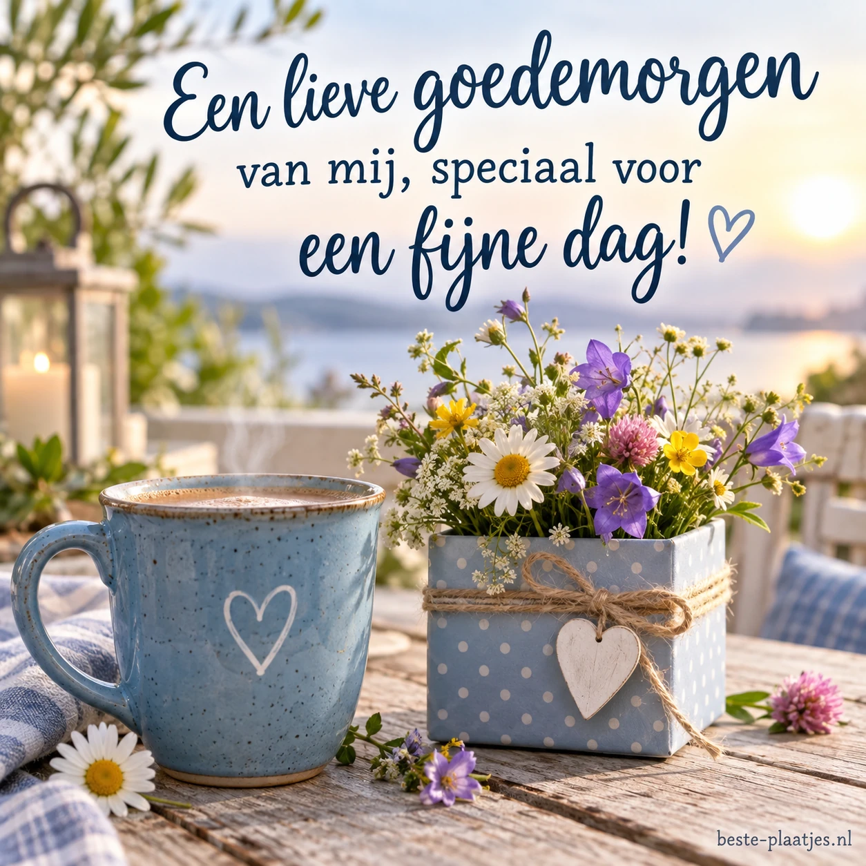Een blauwe mok en een doosje met veldbloemen vormen een zachte ochtendgroet.