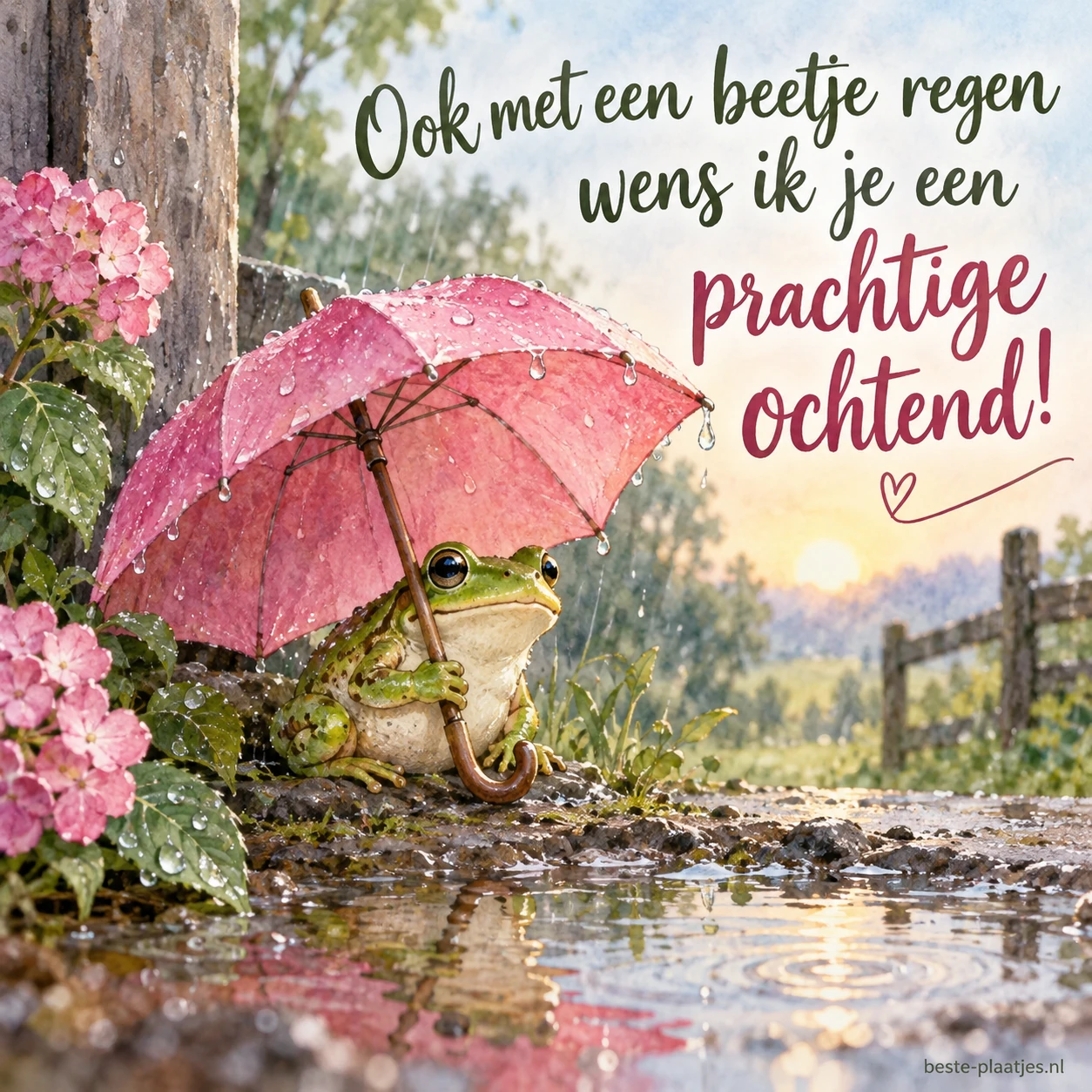 Een groene kikker schuilt glimlachend onder een roze paraplu.