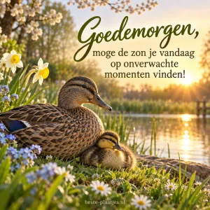 Een eend en haar kuiken rusten tussen bloemen aan de waterkant.