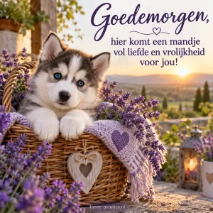 Een jonge husky zit in een mandje tussen paarse bloemen.