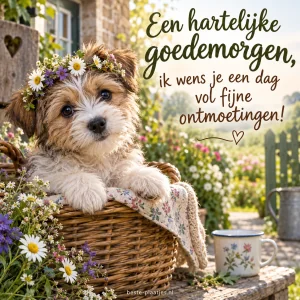 Een klein hondje zit met een bloemenkrans in een rieten mand.