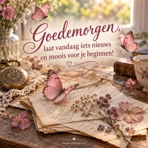 Roze vlinders zweven boven een oude brief en gedroogde bloemen.