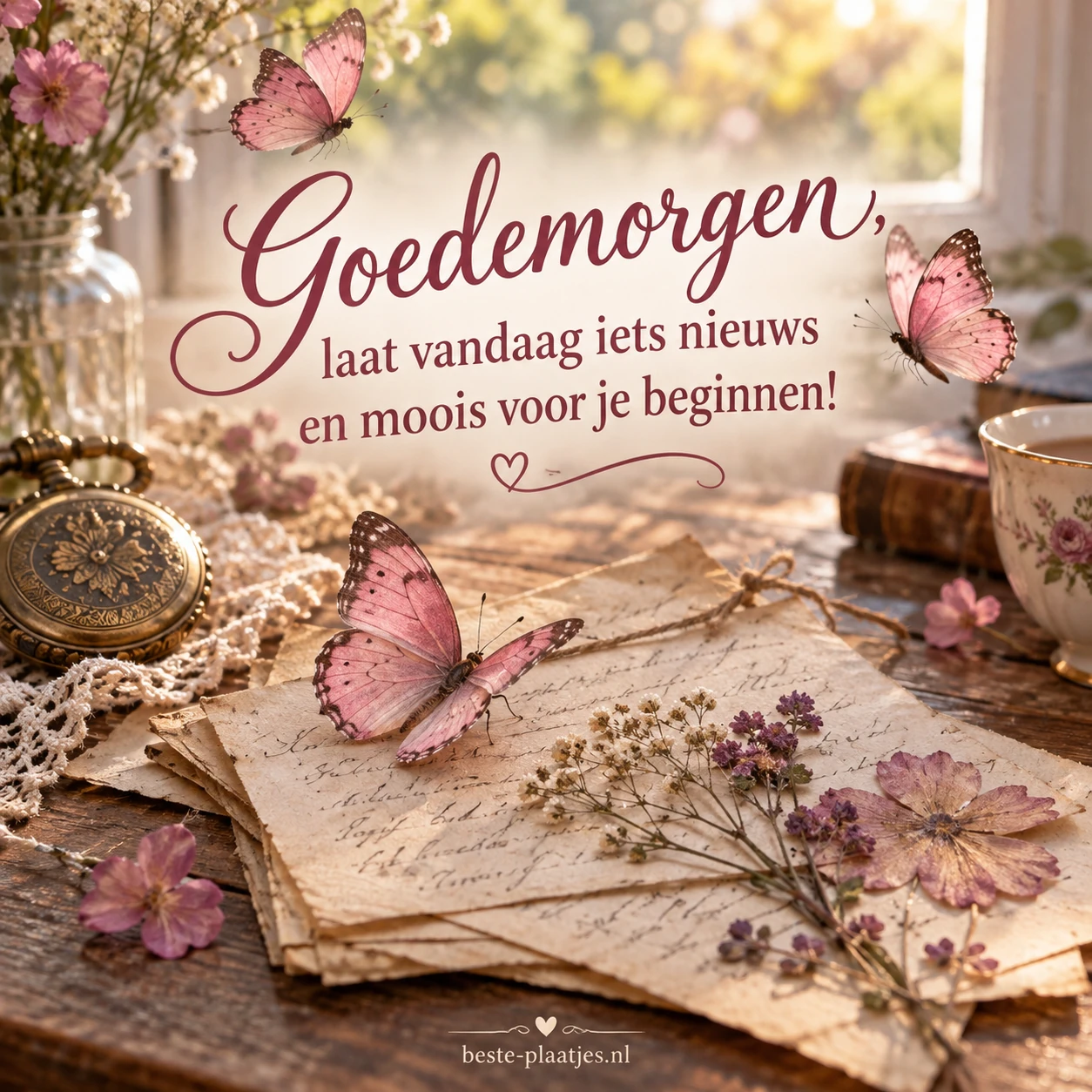 Roze vlinders zweven boven een oude brief en gedroogde bloemen.