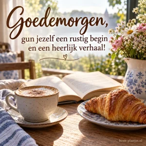 Koffie, een croissant en een boek staan naast bloemen op tafel.