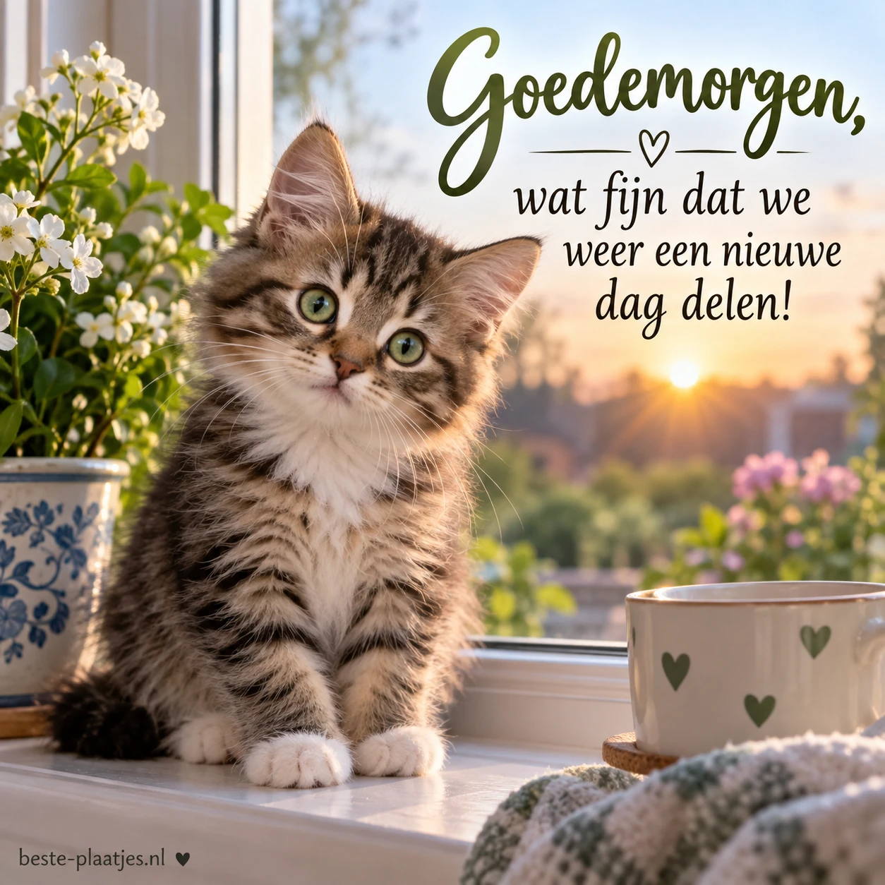 Een pluizig katje kijkt nieuwsgierig vanaf de vensterbank naar buiten.