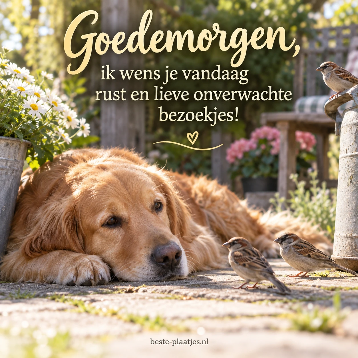 Een ontspannen hond ligt rustig terwijl vogeltjes dichtbij zitten.