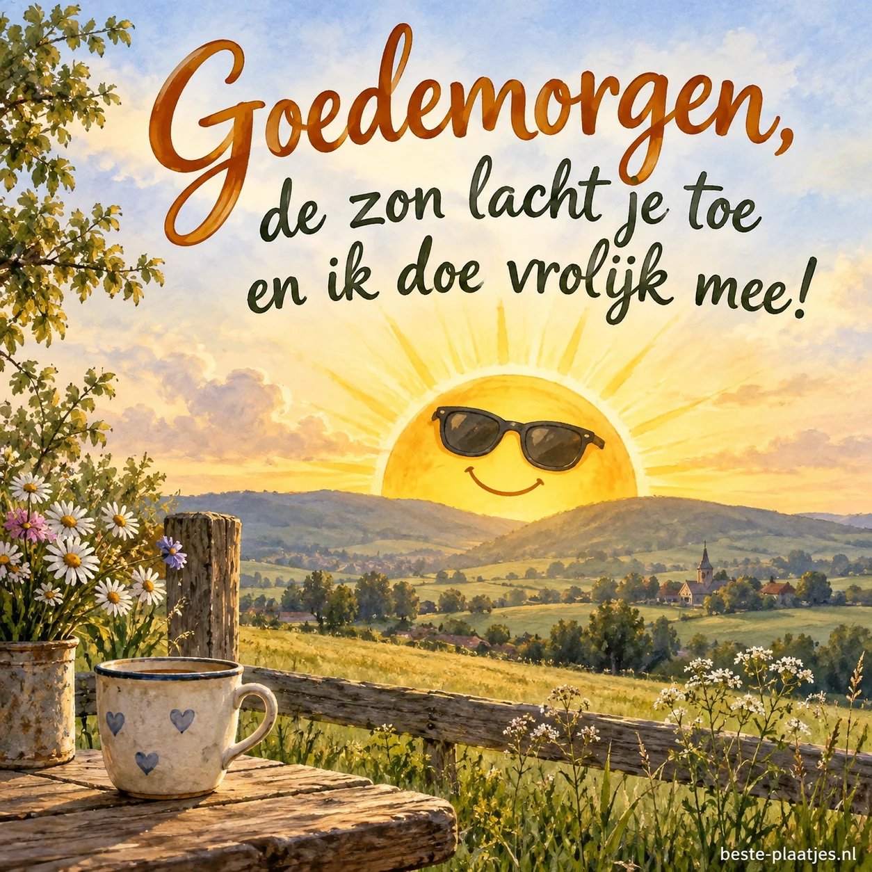Een getekende zon verschijnt lachend boven de heuvels.