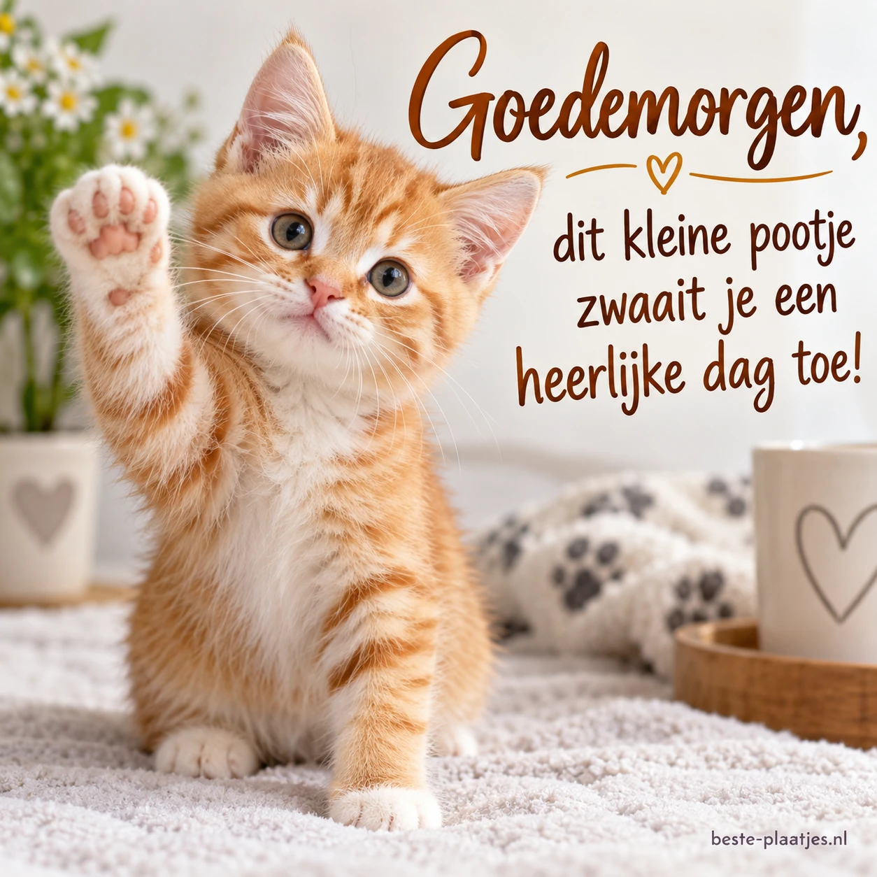 Een rood katje steekt nieuwsgierig zijn pootje omhoog.