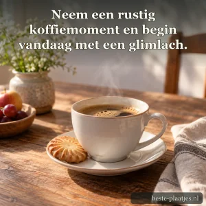 Een dampende kop koffie met een koekje staat op een houten ontbijttafel.