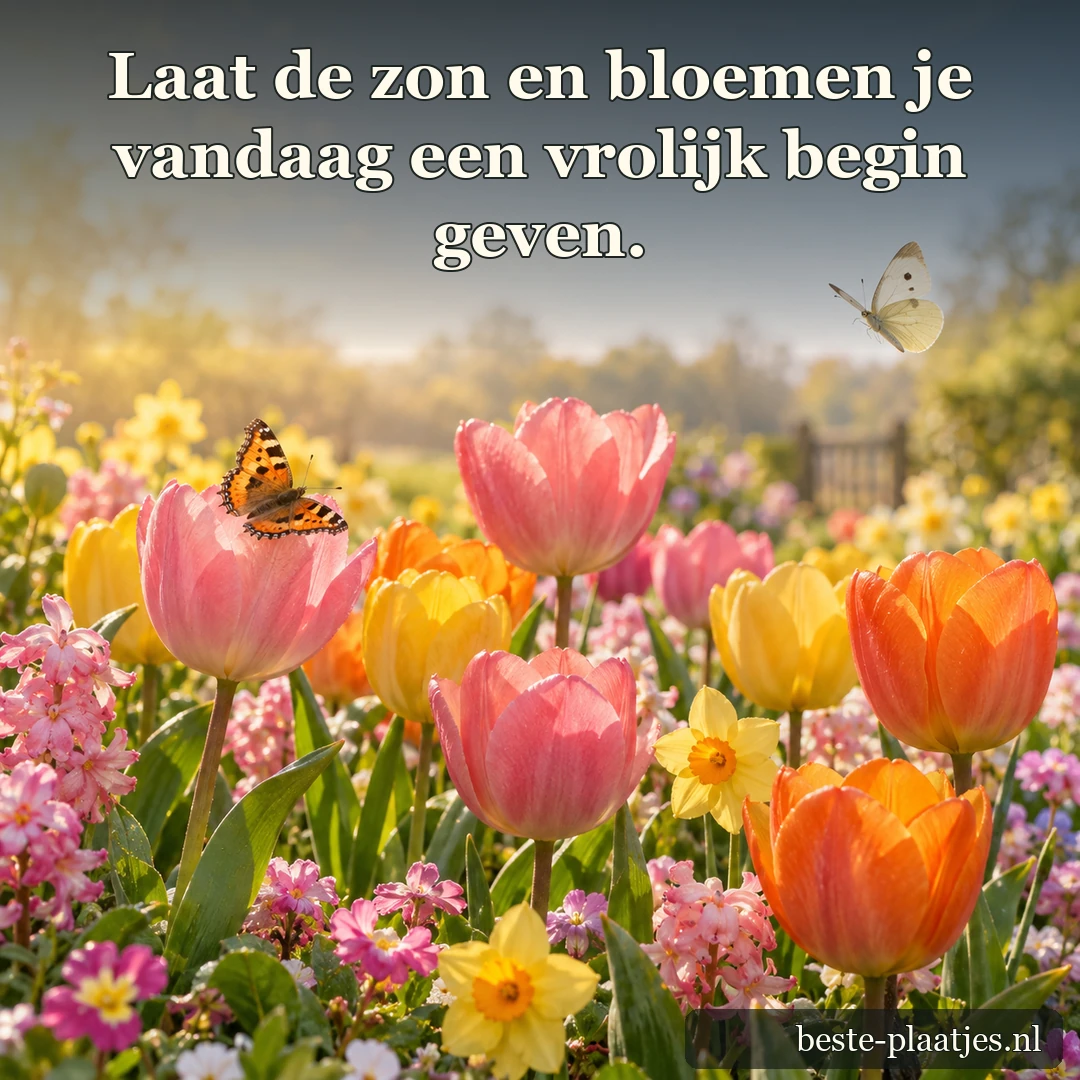 Kleurrijke lentebloemen en vlinders lichten op in de ochtendzon.