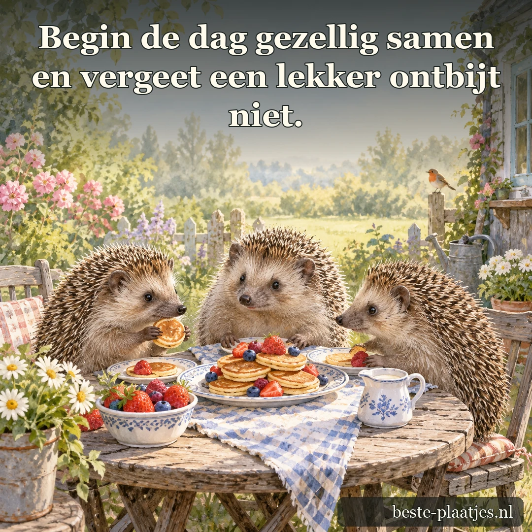 Drie egeltjes zitten bij pannenkoeken en fruit aan een tuintafel.