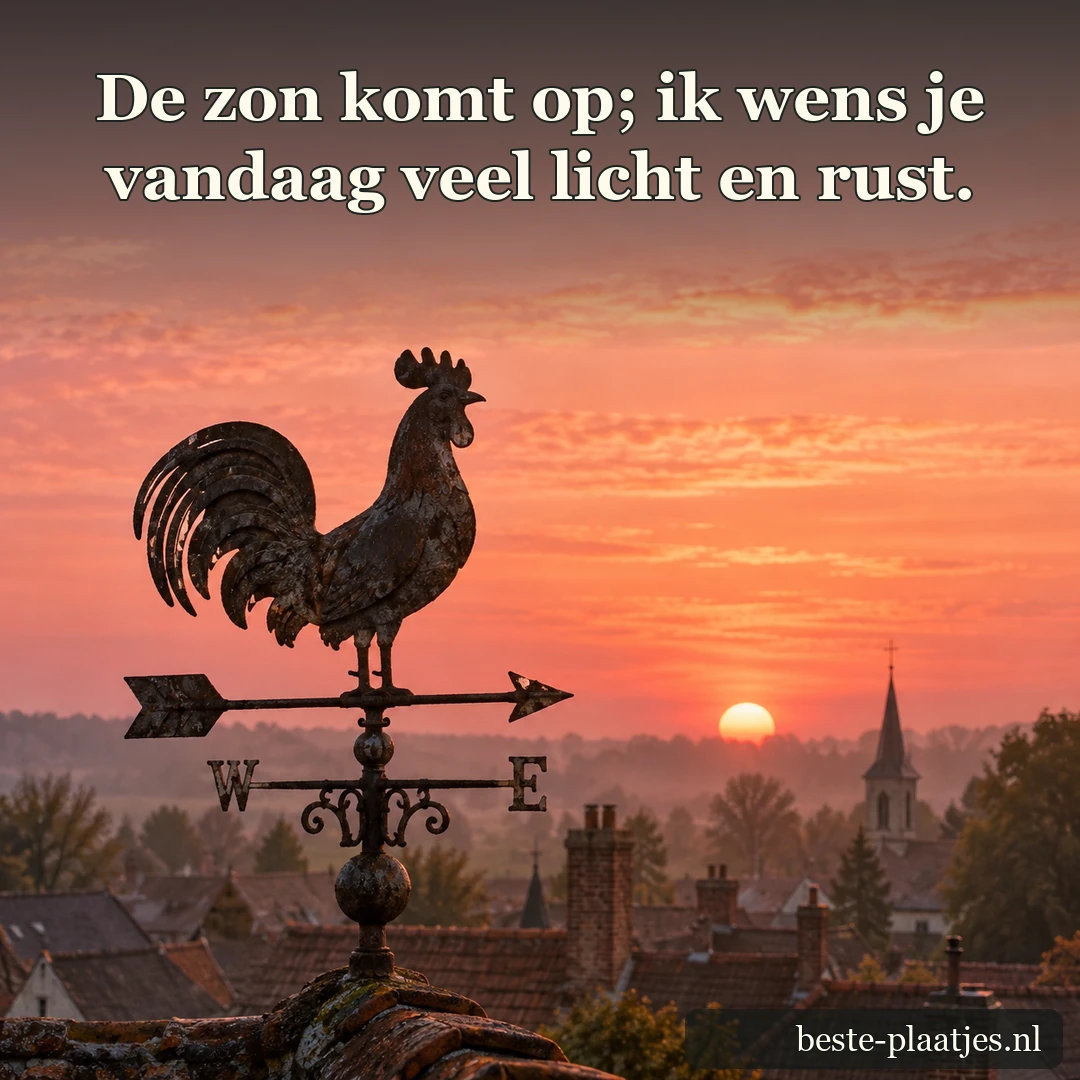 Een metalen windhaan tekent zich af tegen de roze zonsopgang.