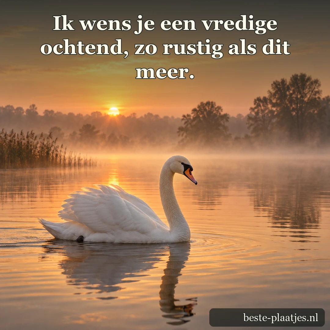 Een witte zwaan zwemt over een spiegelglad meer bij zonsopgang.
