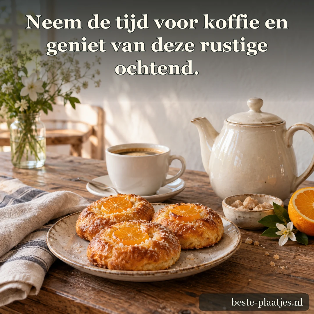 Koffie, een theepot en zoete broodjes staan op een ontbijttafel.