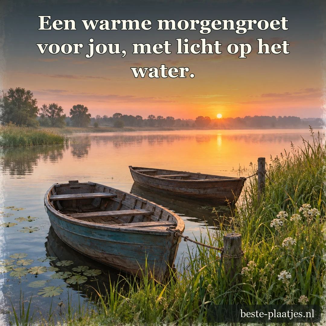 Twee bootjes liggen aan een meer dat de opgaande zon weerspiegelt.