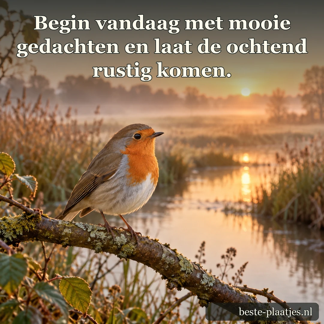 Een roodborstje zit op een tak boven het water in warm ochtendlicht.